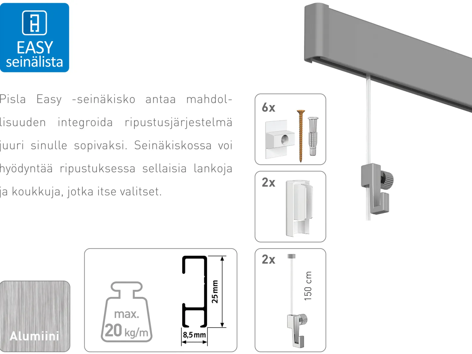 Easy taulunripustussetti 200 cm seinään